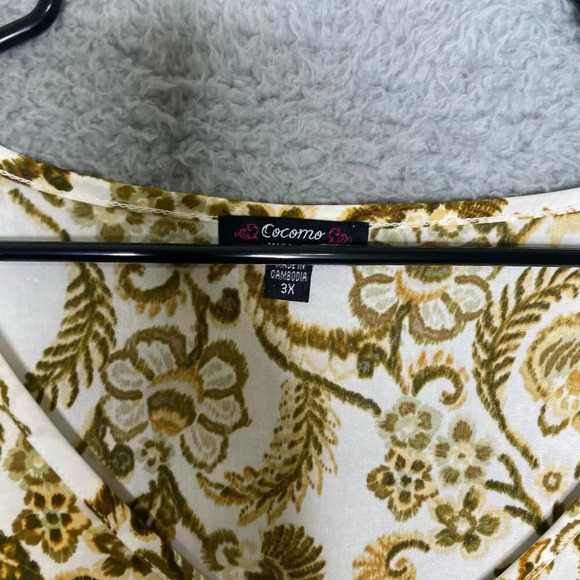 Cocomo womens bell sleeve geometric floral blouse tie front green stretch 3X - Picture 3 of 8